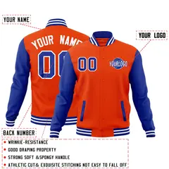 Orange Royal Blue Raglan Sleeve Cotton Letterman Jacket 2