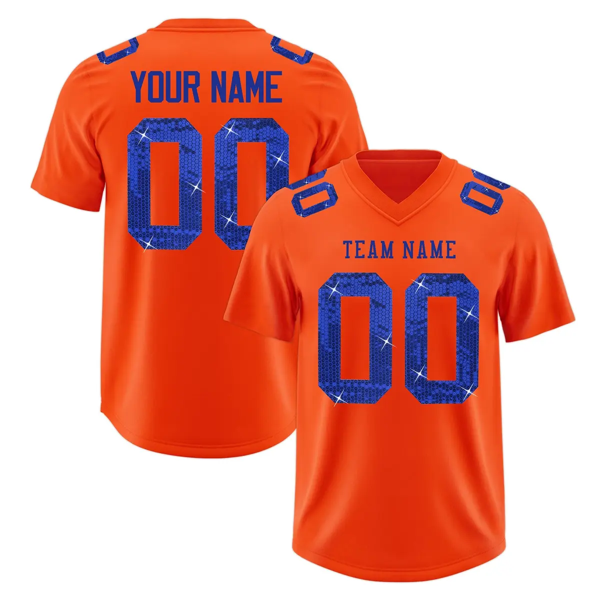 Orange Royal Blue Sequin Lettering Football Jersey