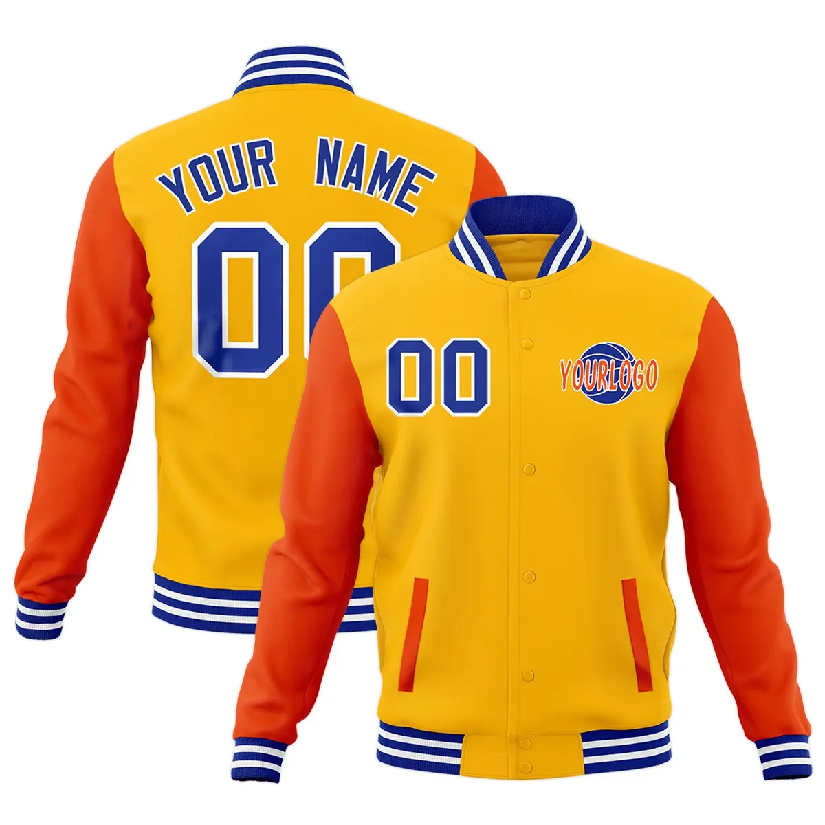 Orange Royal Blue White Raglan Sleeve Cotton Letterman Jacket