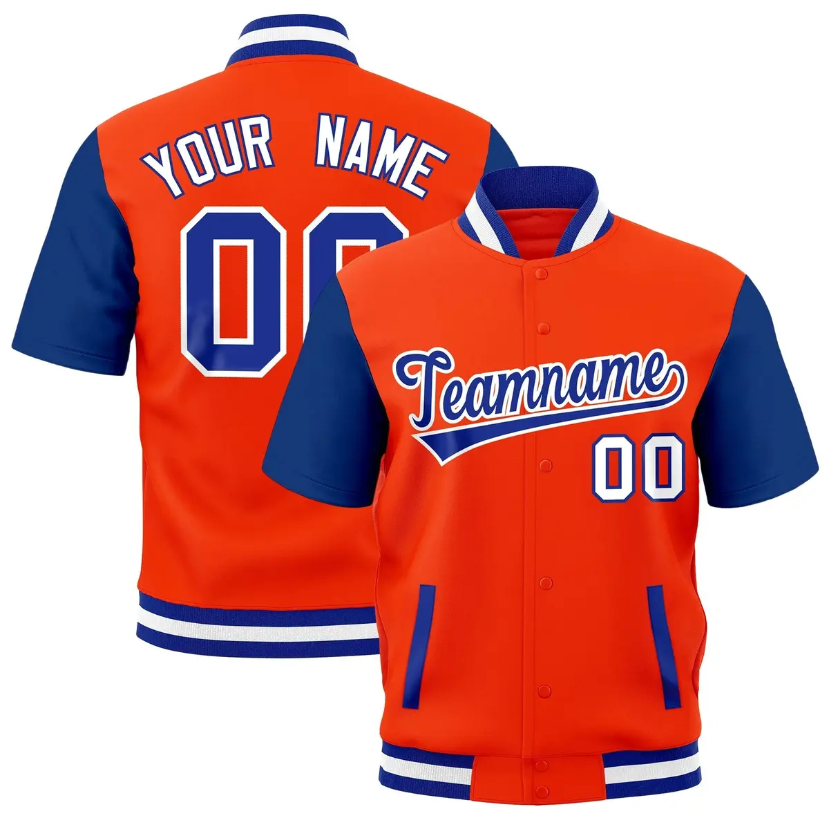 Orange Royal Blue White Short Sleeve Full-Snap Varsity Jacket