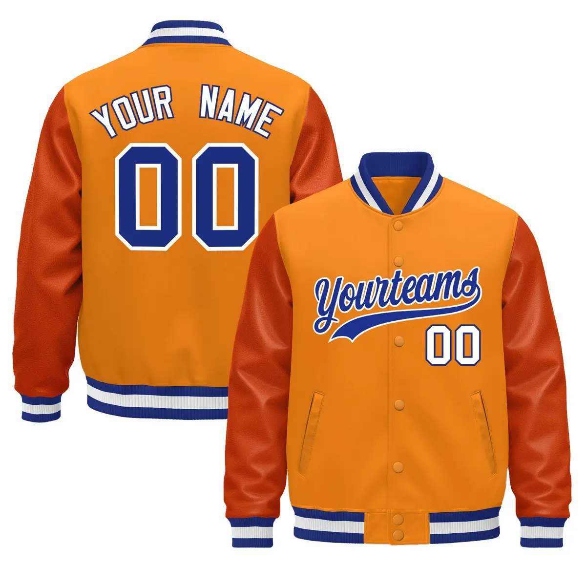 Orange Royal Blue White Varsity Jacket with Faux Leather Sleeves
