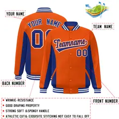 Orange Royal Color Block Varsity Full-Snap Letterman Baseball Jacket 2
