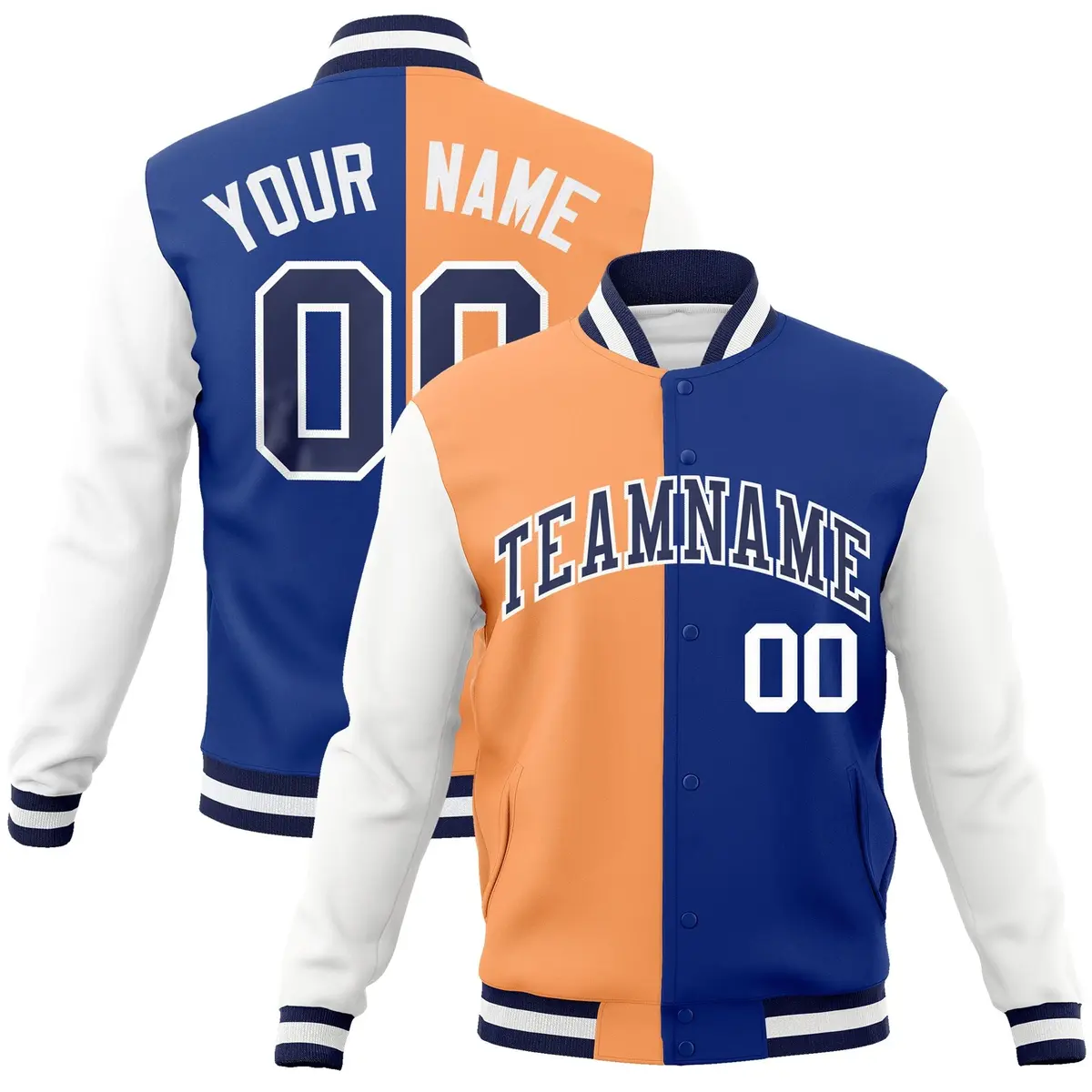 Orange Royal-Navy Two Tone Split Varsity Full-Snap Letterman Jacket
