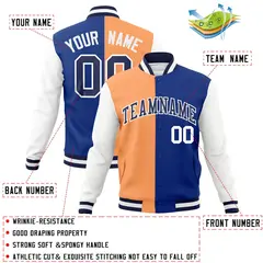 Orange Royal-Navy Two Tone Split Varsity Full-Snap Letterman Jacket 4