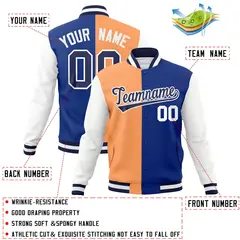 Orange Royal-Navy Two Tone Split Varsity Full-Snap Letterman Jacket 4