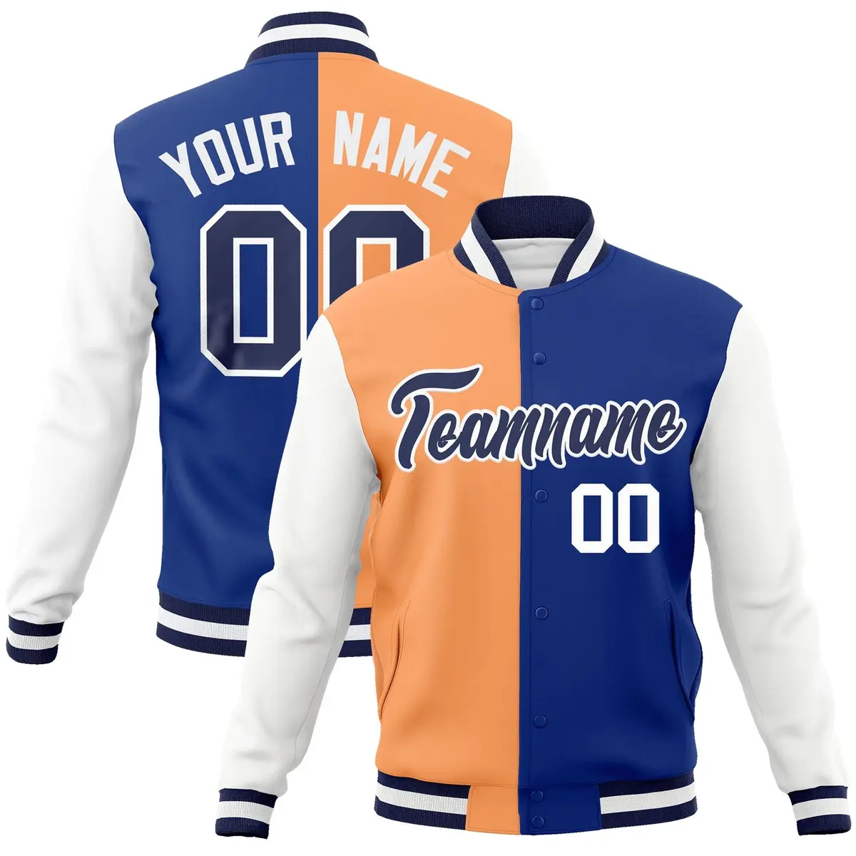 Orange Royal-Navy Two Tone Split Varsity Full-Snap Letterman Jacket