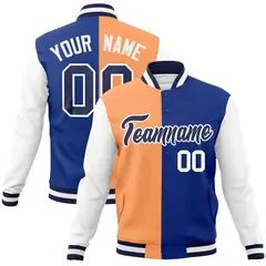 Orange Royal-Navy Two Tone Split Varsity Full-Snap Letterman Jacket