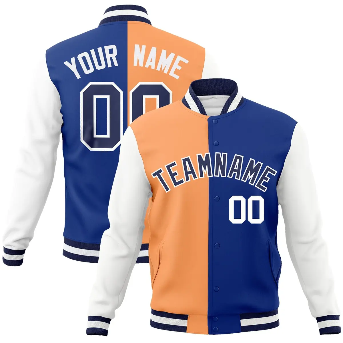 Orange Royal-Navy Two Tone Split Varsity Full-Snap Letterman Jacket