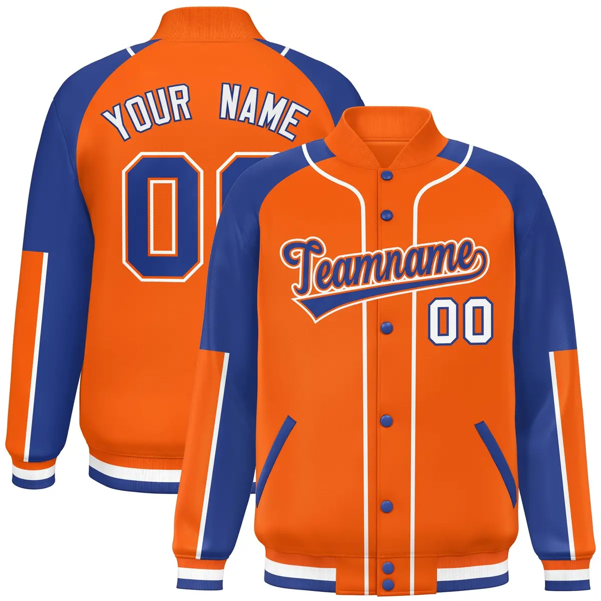 Orange Royal-Orange Raglan Sleeves Full-Snap Letterman Baseball Jacket
