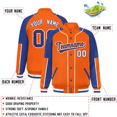 Orange Royal-Orange Raglan Sleeves Full-Snap Letterman Baseball Jacket 2