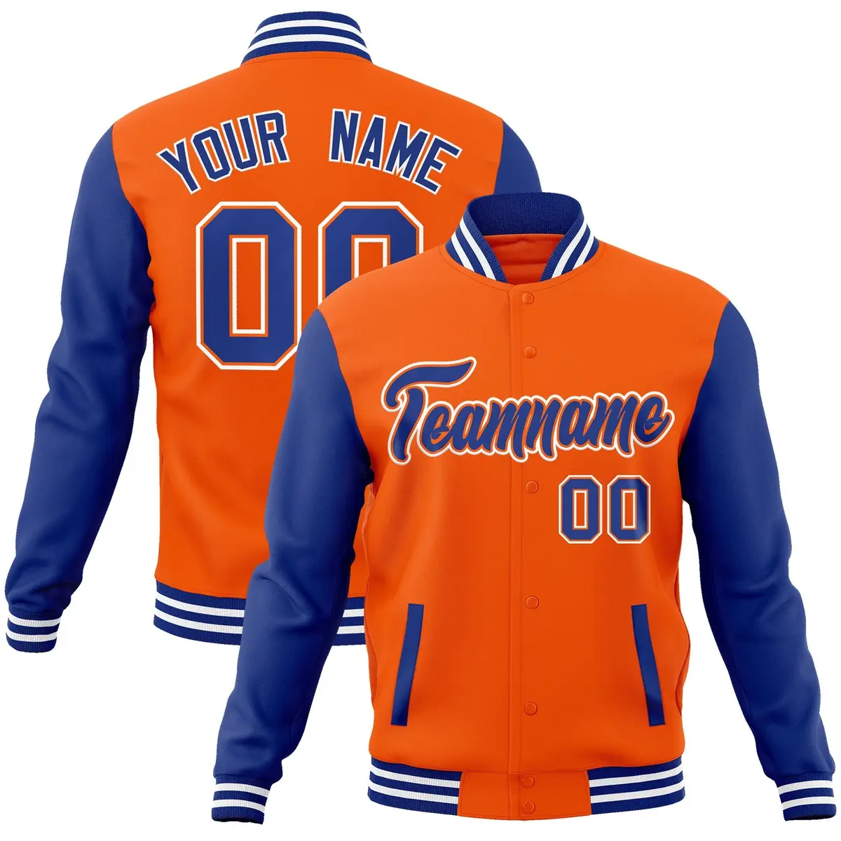 Orange Royal-Orange Raglan Sleeves Varsity Full-Snap Letterman Jacket
