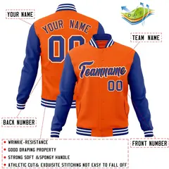 Orange Royal-Orange Raglan Sleeves Varsity Full-Snap Letterman Jacket 4
