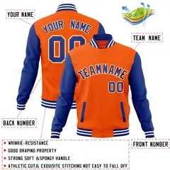 Orange Royal-Orange Raglan Sleeves Varsity Full-Snap Letterman Jacket 4