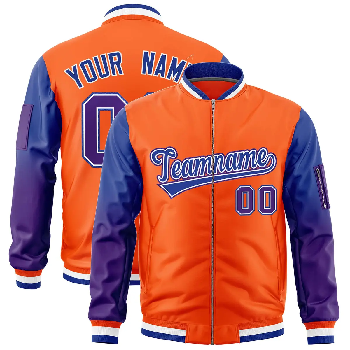 Orange Royal-Purple Gradient Full-Zip Letterman Bomber Jacket