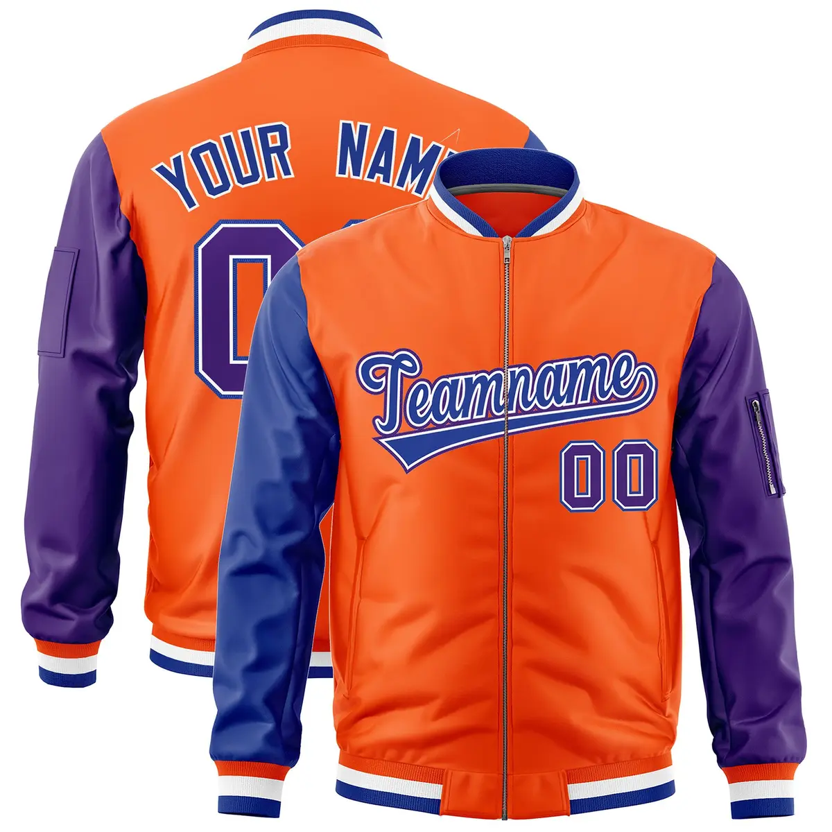 Orange Royal Purple Varsity Letterman Bomber Jacket Full-Zip Raglan Sleeves