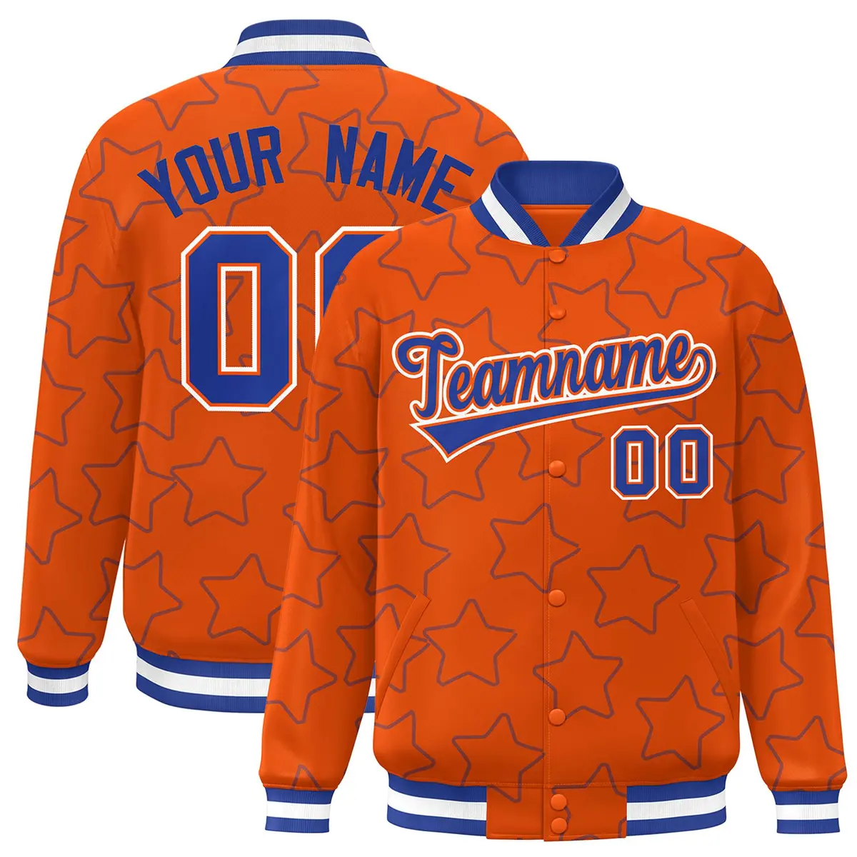 Orange Royal Star Pattern Varsity Full-Snap Letterman Baseball Jacket