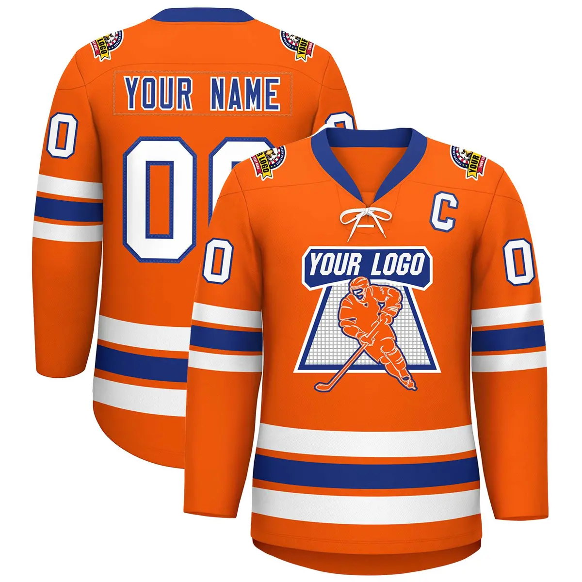 Orange Royal-White Lace-Up Neck Hockey Jersey