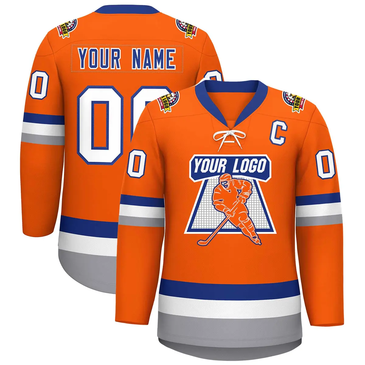 Orange Royal-White Lace-Up Neck Hockey Jersey