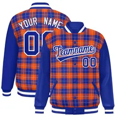 Orange Royal-White Plaid Varsity Letterman Baseball Jacket 1
