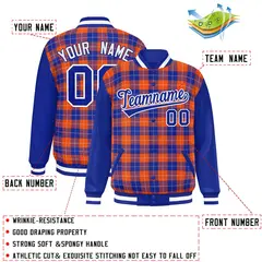Orange Royal-White Plaid Varsity Letterman Baseball Jacket 2