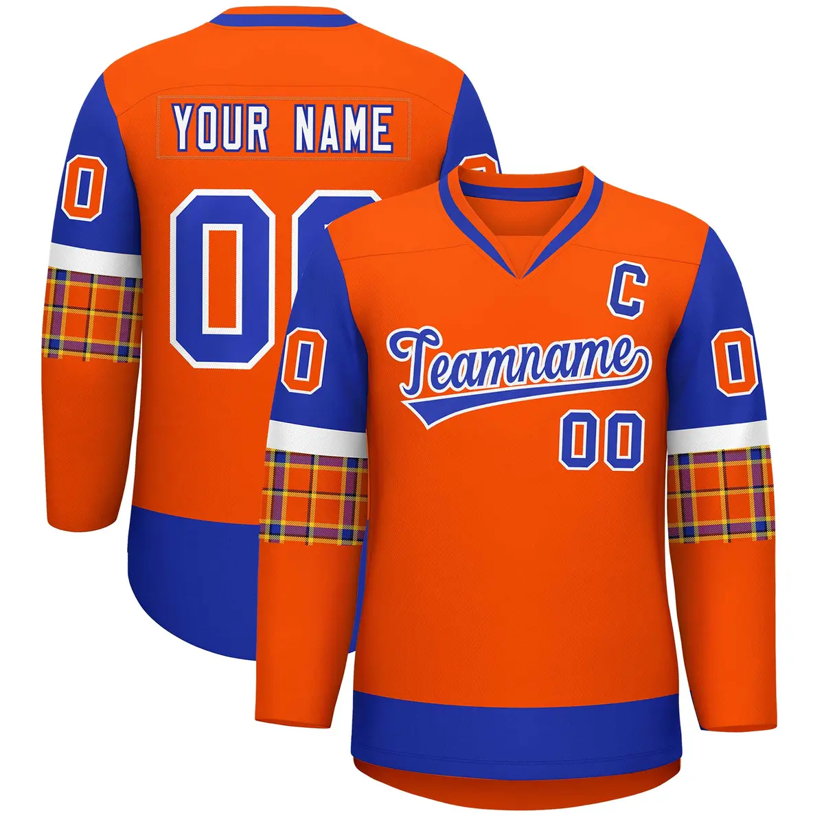 Orange Royal-White Raglan Sleeves V-Neck Hockey Jersey