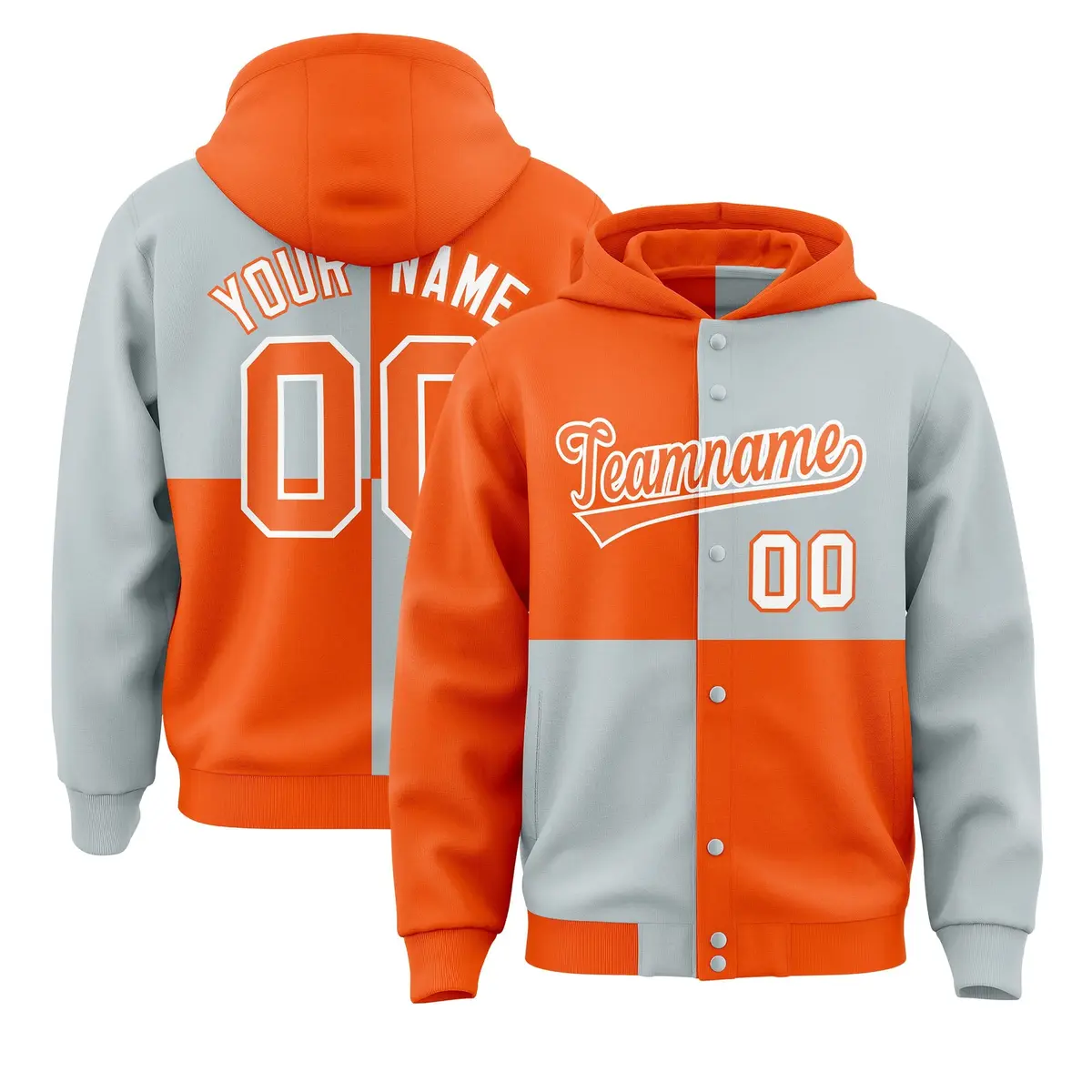 Orange Silver Color Block Varsity Letterman Jacket Hoodie