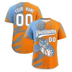 Orange Silver Light Blue Full-Snap Tiger Graffiti Baseball Jersey 1