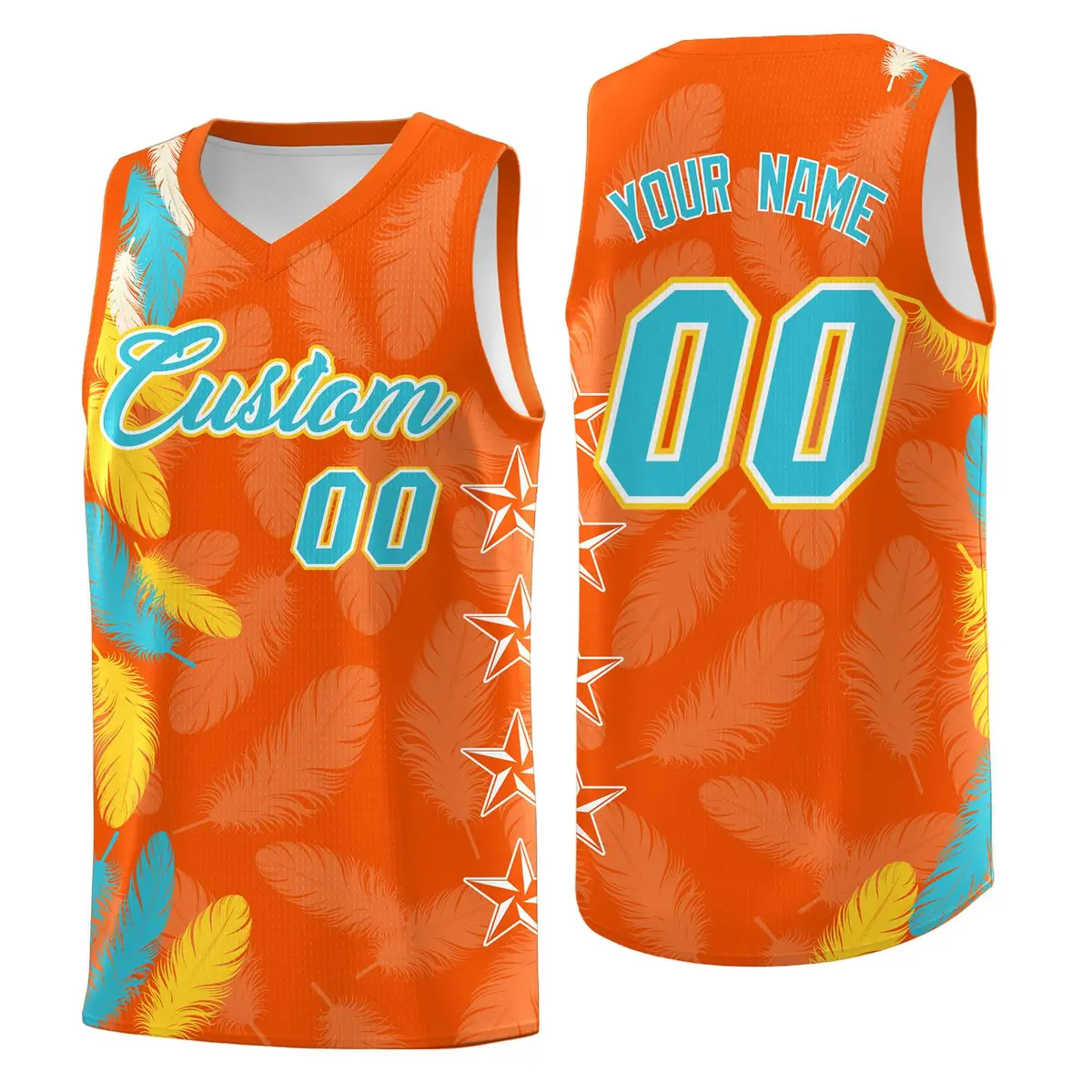 Orange Sky Blue Feather Series Graffiti Pattern Basketball Jersey