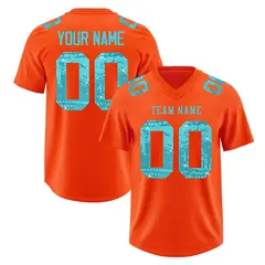 Orange Sky Blue Sequin Lettering Football Jersey 1