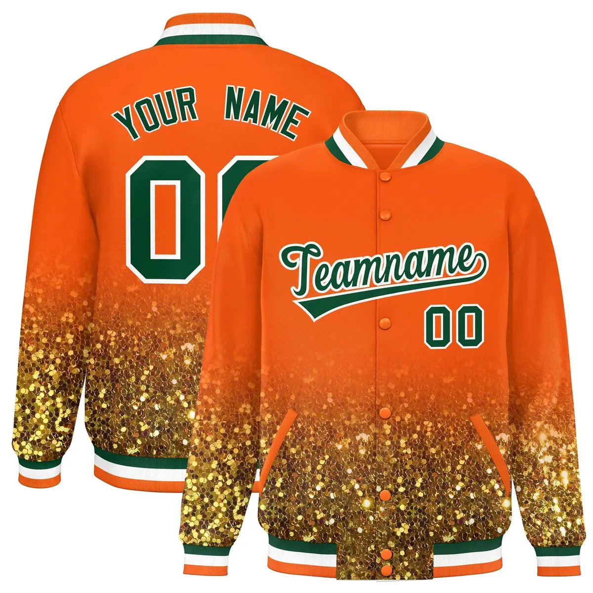 Orange Sparkle-Effect Varsity Full-Snap Letterman Baseball Jacket