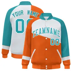 Orange White-Aqua Color Block Varsity Full-Snap Baseball Bomber Jacket