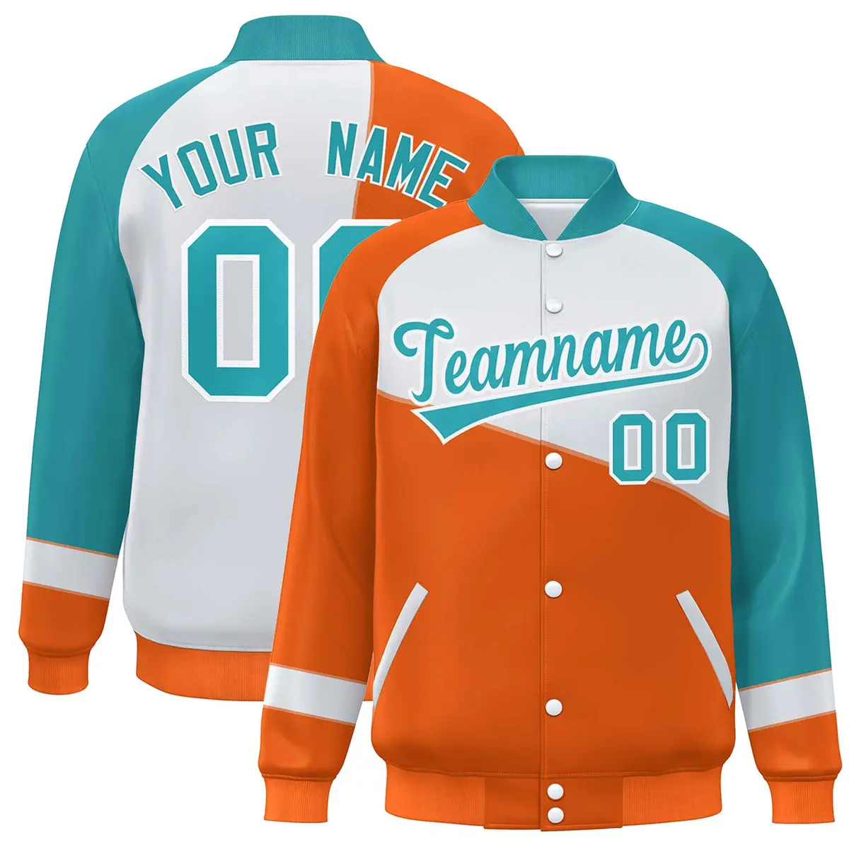 Orange White-Aqua Color Block Varsity Full-Snap Baseball Bomber Jacket