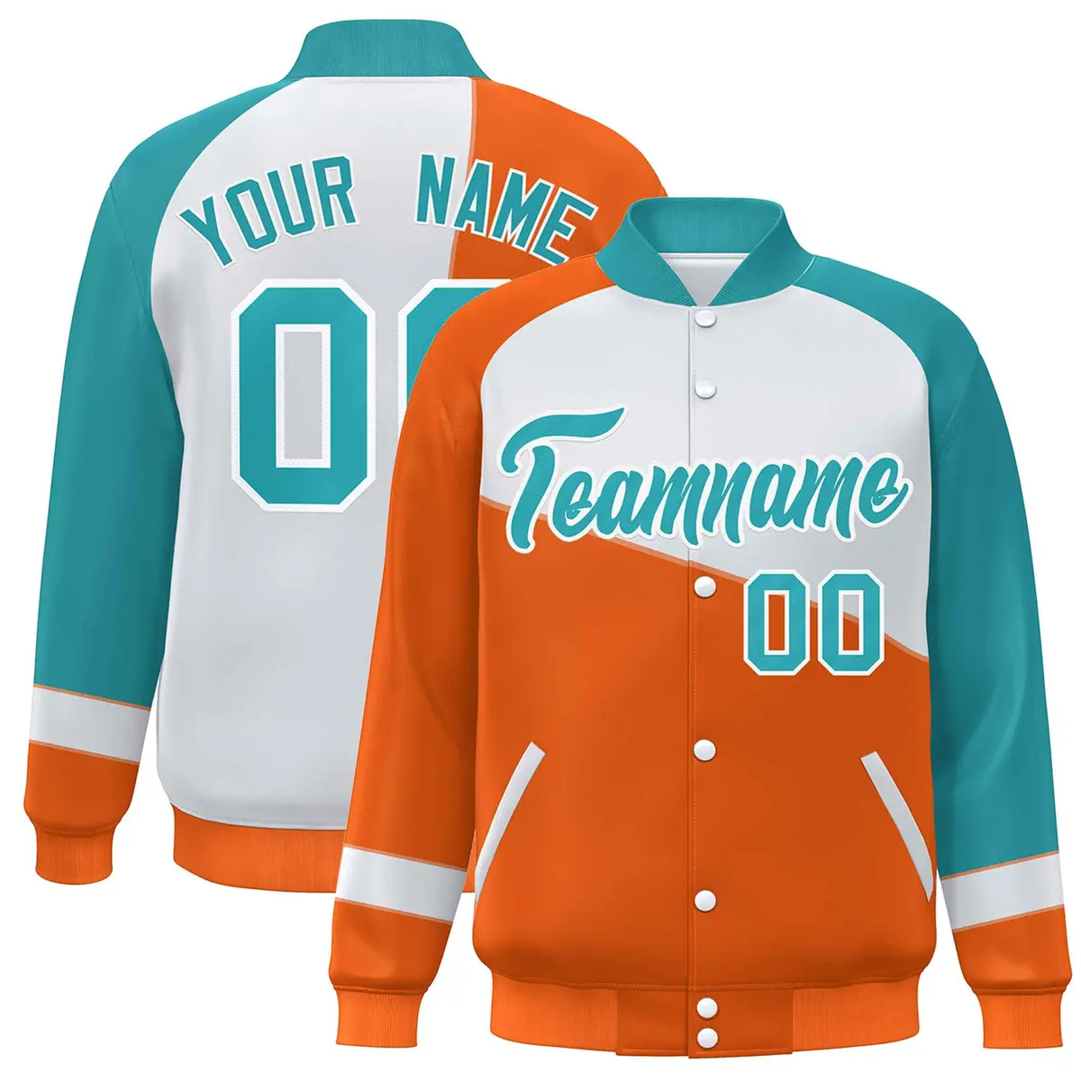 Orange White-Aqua Color Block Varsity Full-Snap Baseball Bomber Jacket