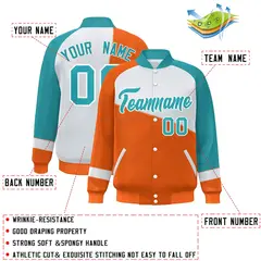 Orange White-Aqua Color Block Varsity Full-Snap Baseball Bomber Jacket 2