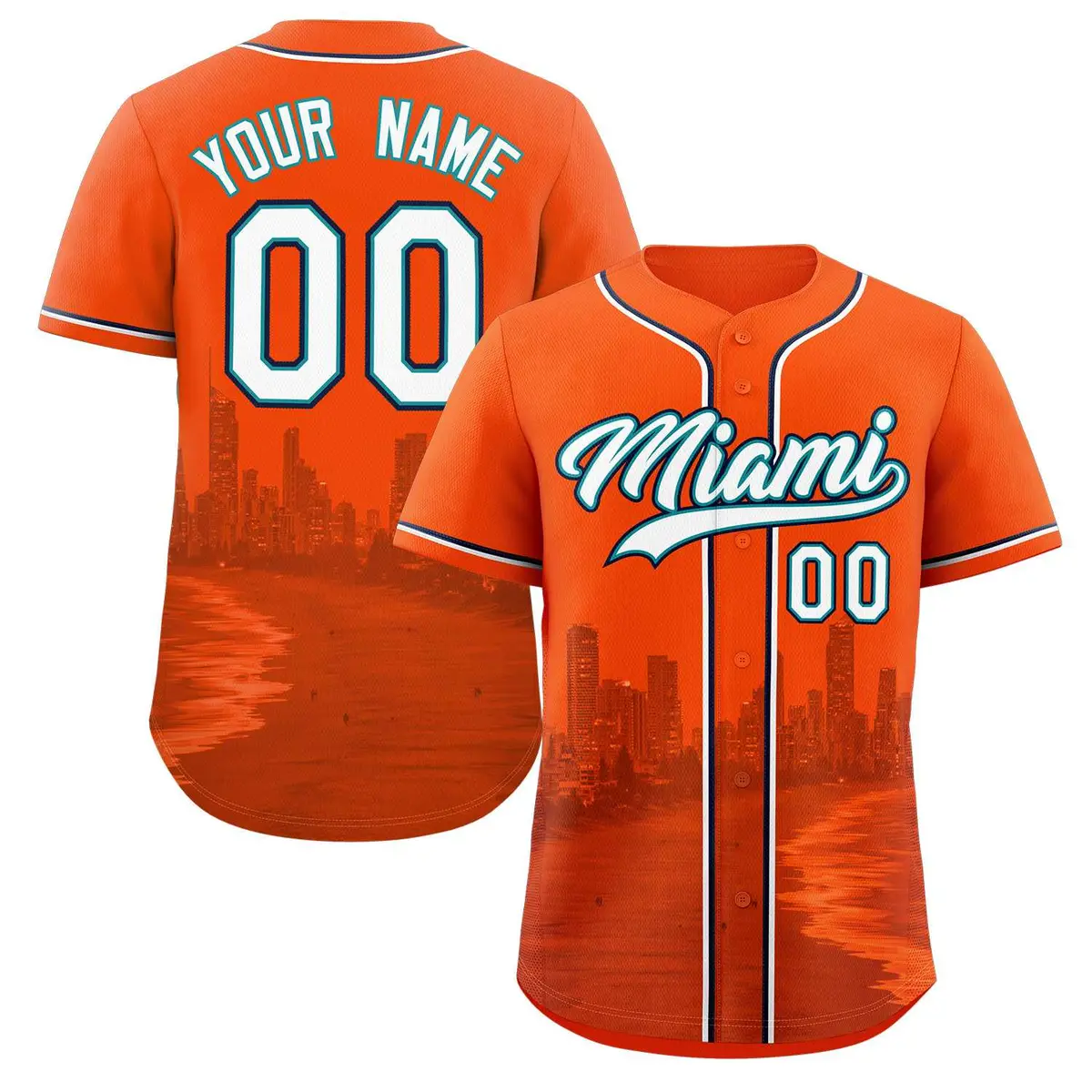 Orange White Aqua Miami City Skyline Baseball Jersey