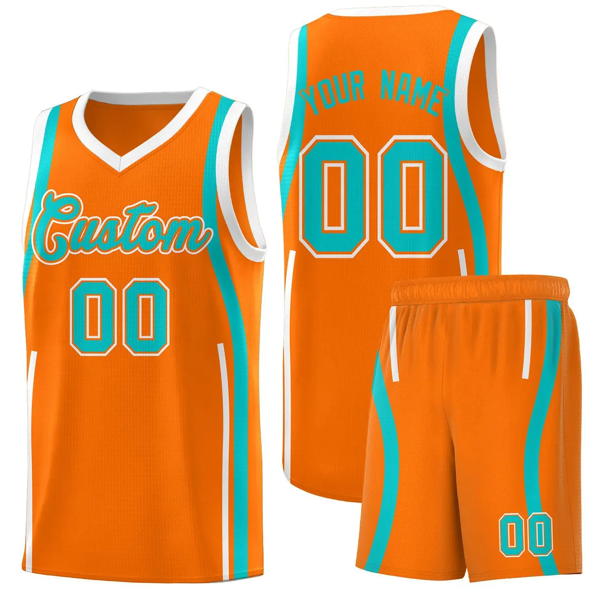 Orange White-Aqua Ribbon Pattern Basketball Kits