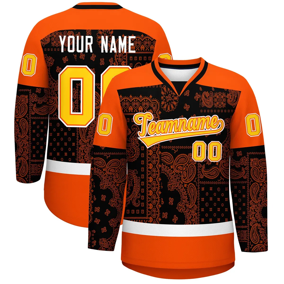 Orange White Black Cashew Flower Graffiti V-Neck Hockey Jersey