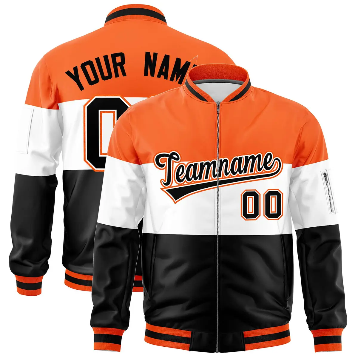Orange White-Black Color Block Varsity Letterman Bomber Jacket