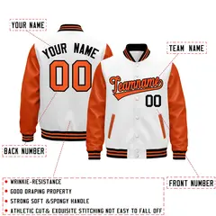 Orange White Black Raglan Varsity Full-Snap Leather Sleeves Letterman Jacket 2