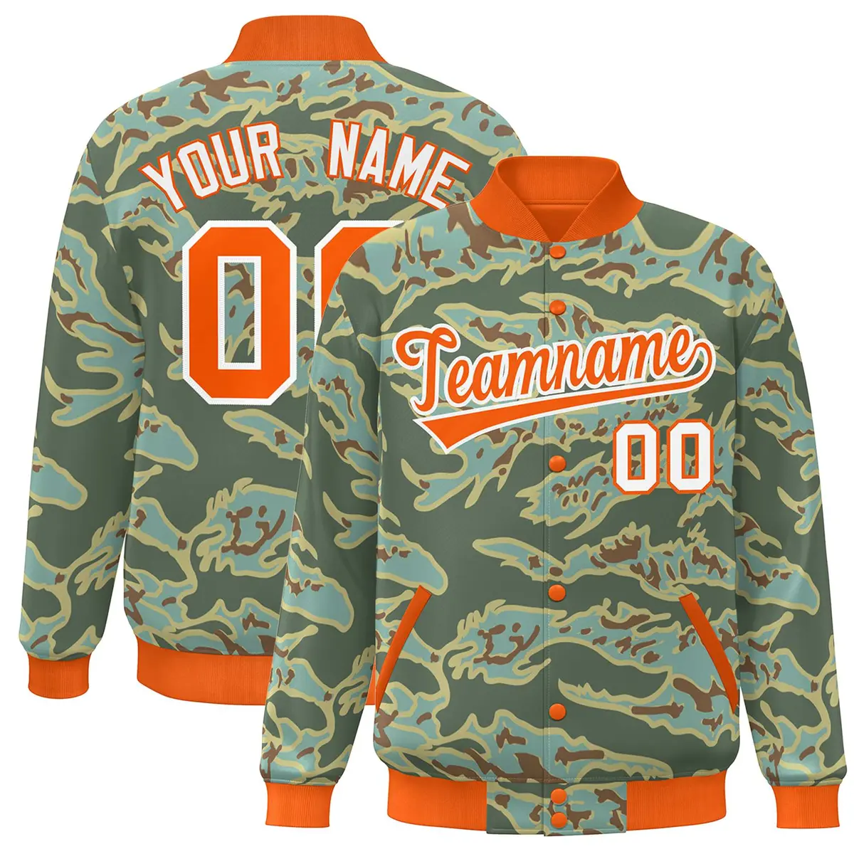 Orange White Camo Varsity Full-Snap Letterman Bomber Jacket