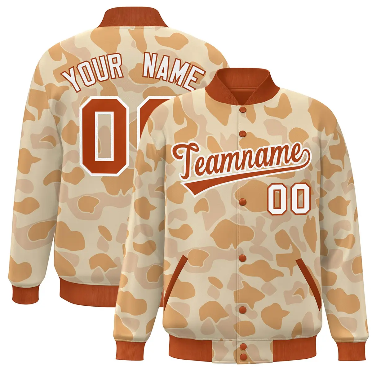 Orange White Camo Varsity Full-Snap Letterman Bomber Jacket