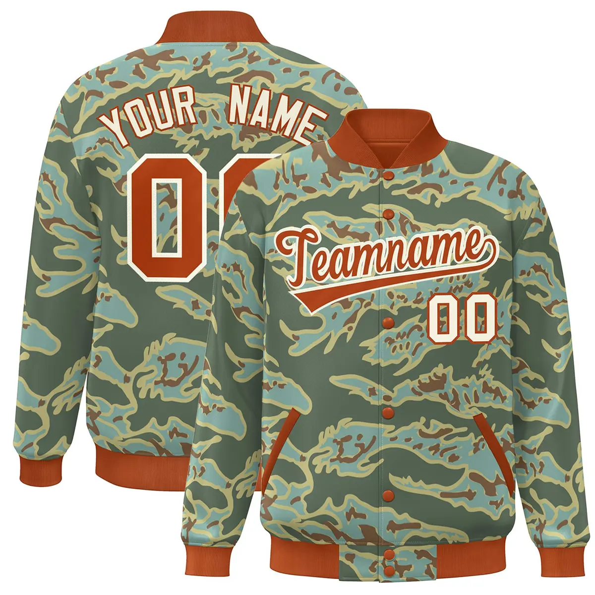 Orange White Camo Varsity Full-Snap Letterman Bomber Jacket