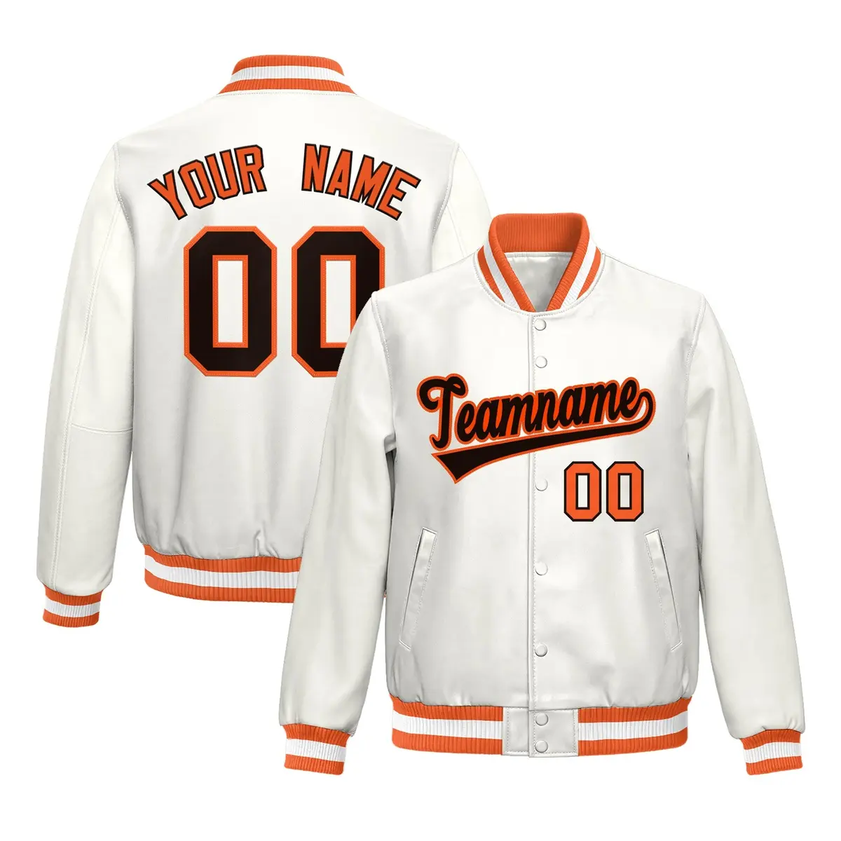 Orange White Full-Snap Varsity Faux Leather Letterman Jacket