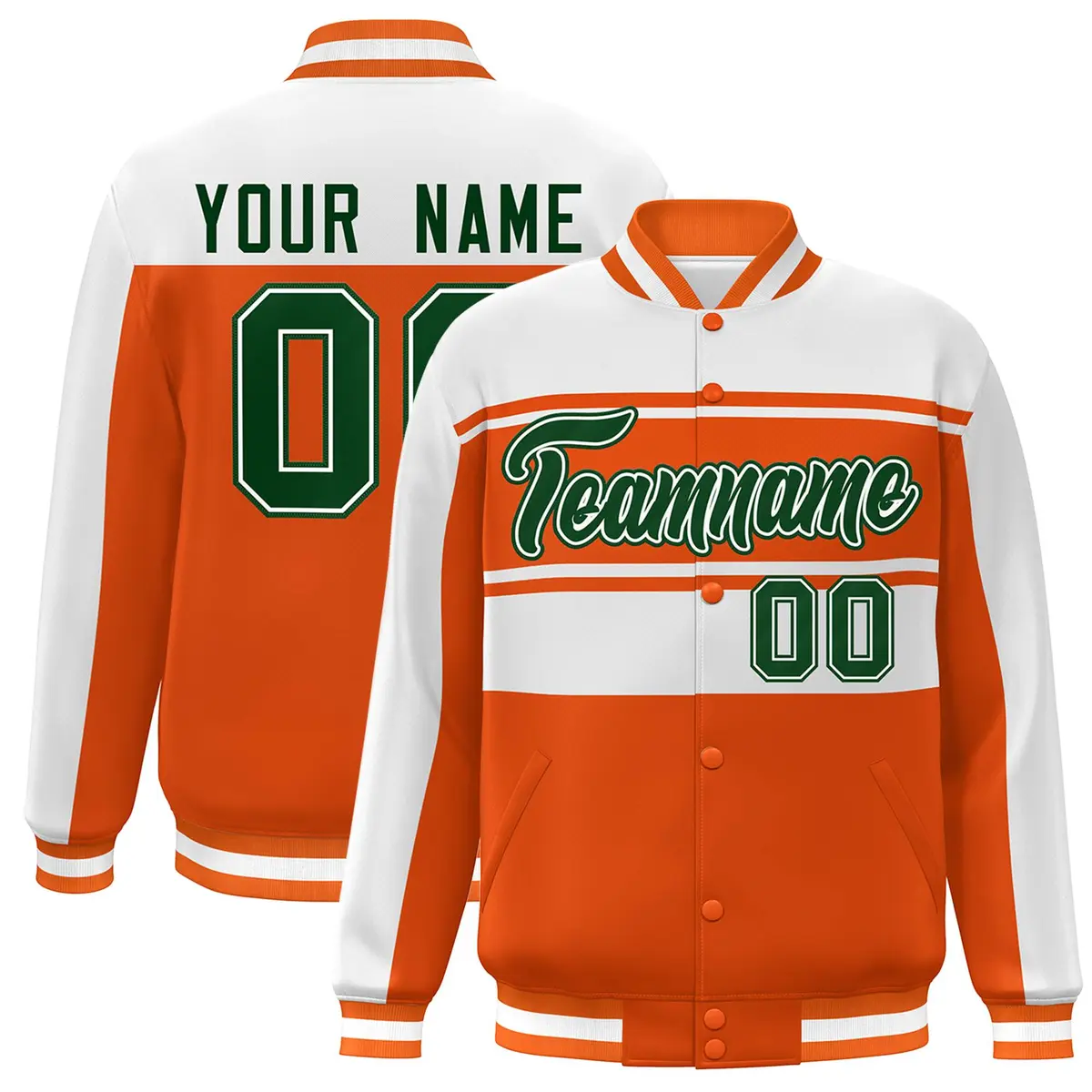 Orange White-Green Color Block Varsity Full-Snap Bomber Jacket