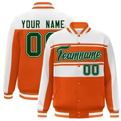Orange White-Green Color Block Varsity Full-Snap Bomber Jacket