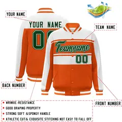 Orange White-Green Color Block Varsity Full-Snap Bomber Jacket 2