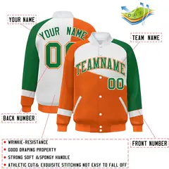 Orange White-Kelly Green Color Block Varsity Full-Snap Baseball Jacket 2