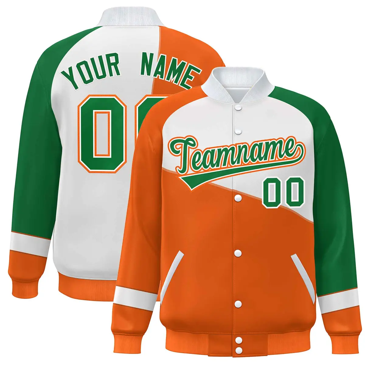 Orange White-Kelly Green Color Block Varsity Full-Snap Baseball Jacket
