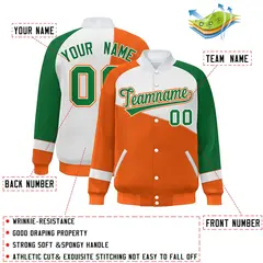 Orange White-Kelly Green Color Block Varsity Full-Snap Baseball Jacket 2