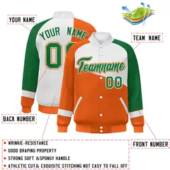 Orange White-Kelly Green Color Block Varsity Full-Snap Baseball Jacket 2